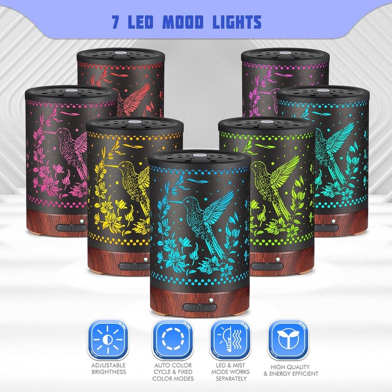 kobodon Metal Essential Oils Diffuser 150ML Aromatherapy Diffuser Cool Mist Humidifier with 7 Colors Lights Waterless Auto Off Air Diffusers as Gifts for Moms Women Girls (E-Hummingbird) - Image 2